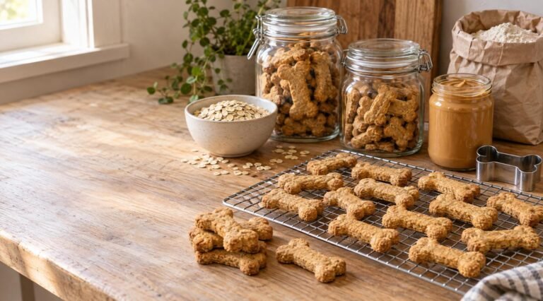 Shelf stable dog treat recipe: crunchy homemade bone biscuits drying on a wire rack and stored in airtight glass jars