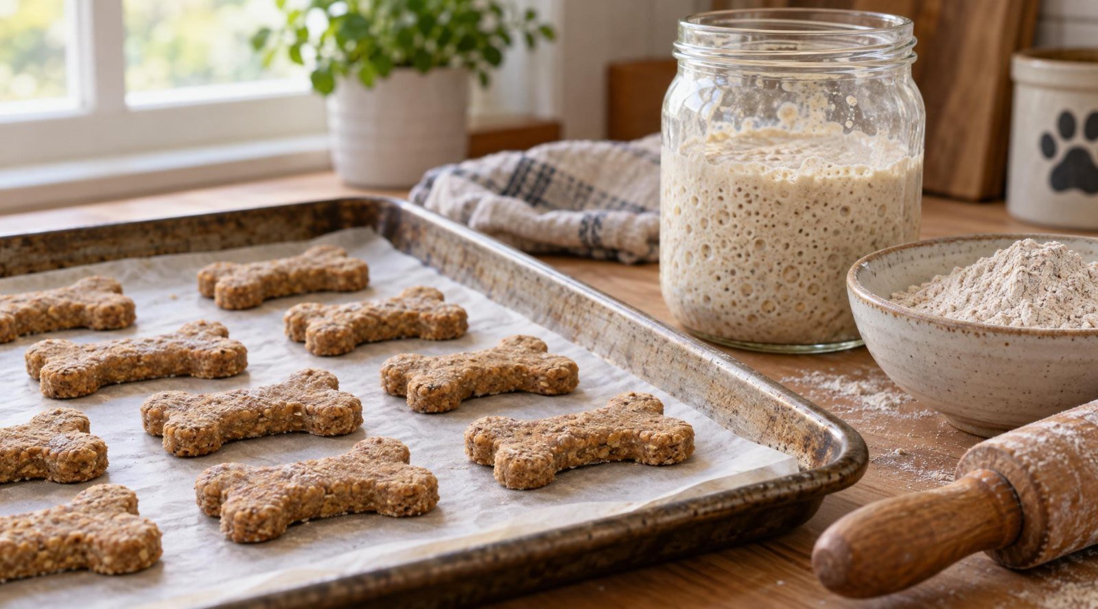Bone-shaped sourdough dog treats on a baking sheet next to a jar of sourdough starter and a bowl of flour