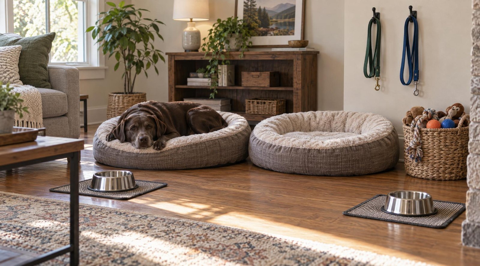 Living room set up for two dogs with two dog beds, two leashes on hooks and separate food bowls