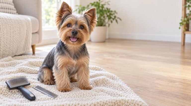 Yorkie puppy cut: adult Yorkshire Terrier with an even 1 inch coat and tidy rounded face sitting on a blanket next to a slicker brush and comb